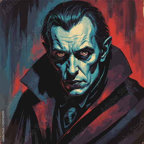 Stylized portrait of a dark vampire figure with piercing eyes against a textured background