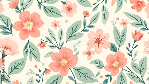 Wallpaper Mural seamless floral pattern with pink flowers and green leaves on white background, vibrant detailed, creating beautiful design Torontodigital.ca