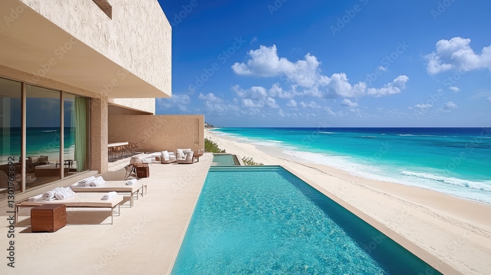 Fototapeta premium A modern hotel pool with a minimalist concrete deck, overlooking a pristine beach.