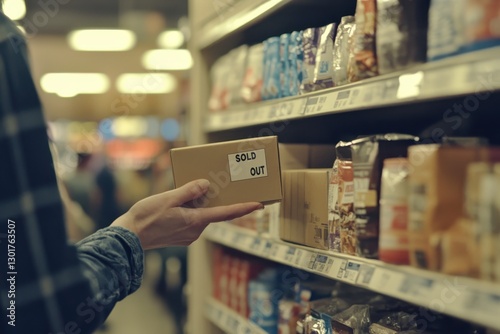 Shopper discovers sold-out item in bustling grocery store during late afternoon rush. Generative AI
