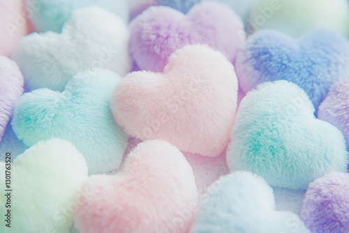 Colorful fluffy hearts fill a whimsical tabletop with pastel hues and soft textures at a cheerful gathering. Generative AI