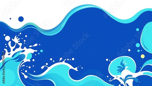blue and white background with waves bubbles, creating animated vibrant atmosphere, water deep color, bubbles white, giving dynamic lively feel