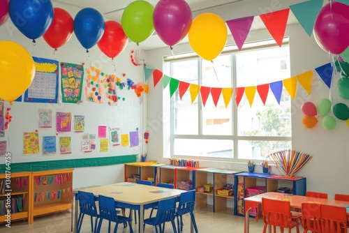 Colorful classroom celebration with balloons and decorations creating a vibrant learning environment for children. Generative AI