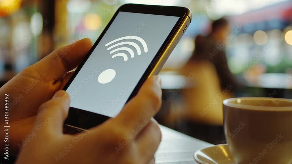 Person using smartphone with wifi connection in coffee shop, enhancing digital lifestyle