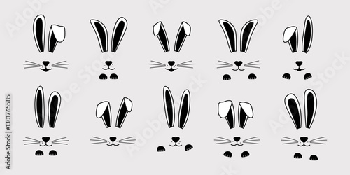 Easter rabbit ears and paw, bunny face, cute animal mask. Holiday spring character bunnies, cartoon set black and white colors on gray background. Simple vector illustration