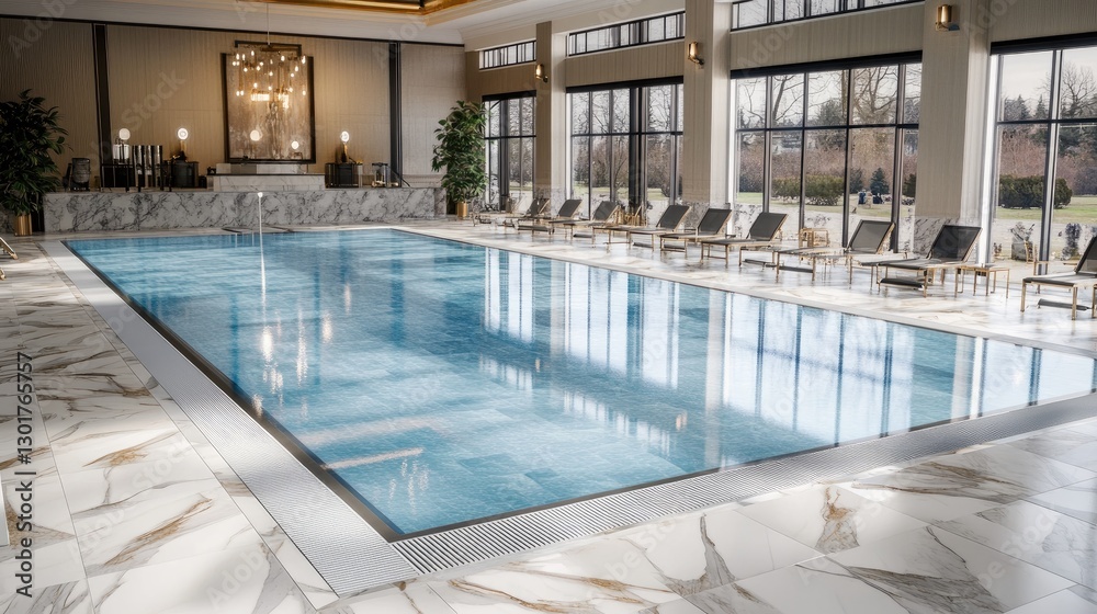 A rectangular hotel pool with an elegant marble deck, offering a luxurious and modern aesthetic. A rectangular hotel pool with an elegant marble deck, offering a luxurious and modern aesthetic.