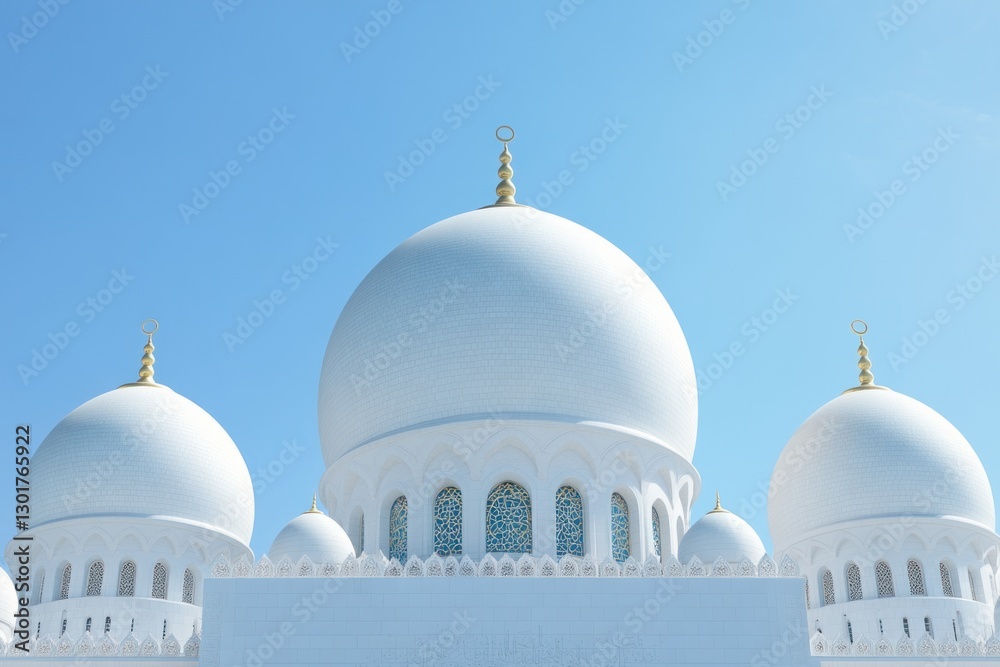 Fototapeta premium Three white domes of a mosque against a clear blue sky.