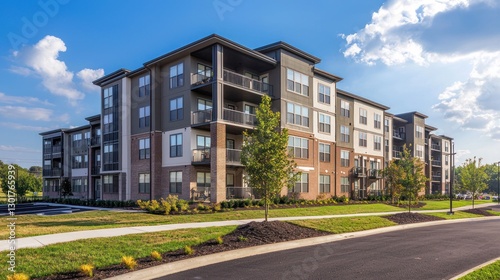 Modern apartment building with balconies, landscaping, and a paved road.