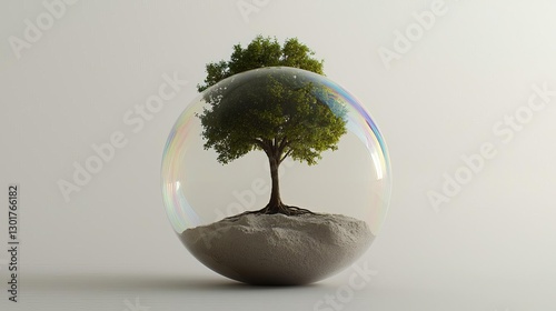 World Creativity and Innovation concept week Tree inside a bubble on sandy ground.
