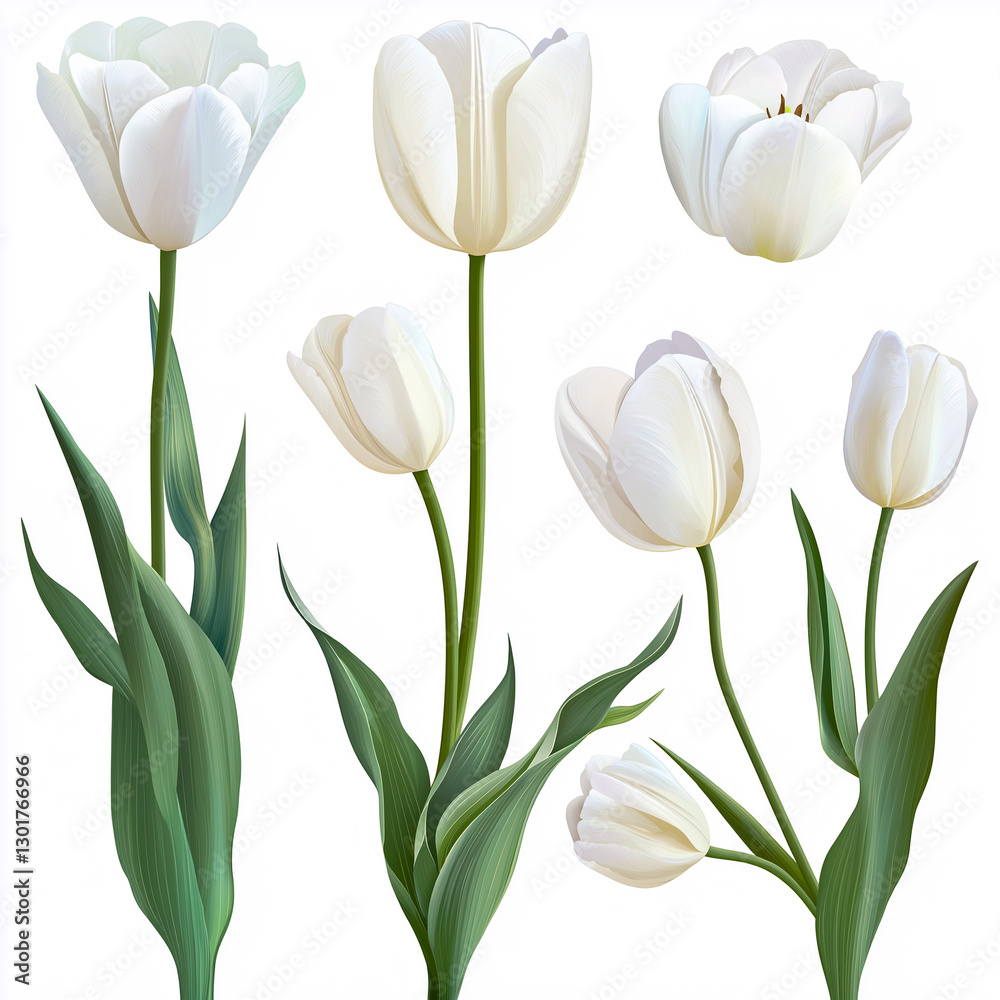 Fototapeta premium Perfect for floral design projects, wedding invitations, or any clean aesthetic requiring elegant white tulip illustrations