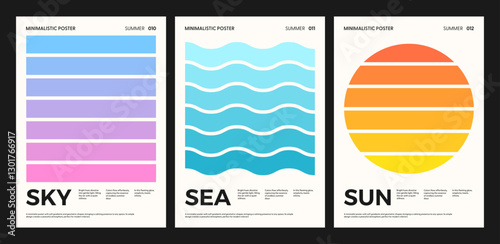 Modern minimal poster set. Geometric nature backgrounds with gradient lines and shapes. Minimalist colorful summer art with abstract sky, sea, sun. Trendy design for social media, poster, banner