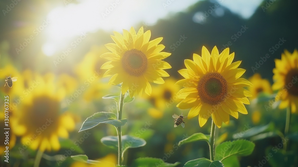 Fototapeta premium Bees pollinating sunflowers in a summer field at sunset; nature background
