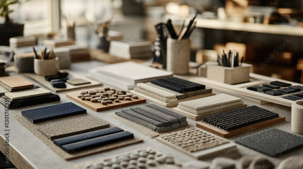 A set of color swatches and material samples neatly arranged on an architect's desk. A set of color swatches and material samples neatly arranged on an architect's desk.