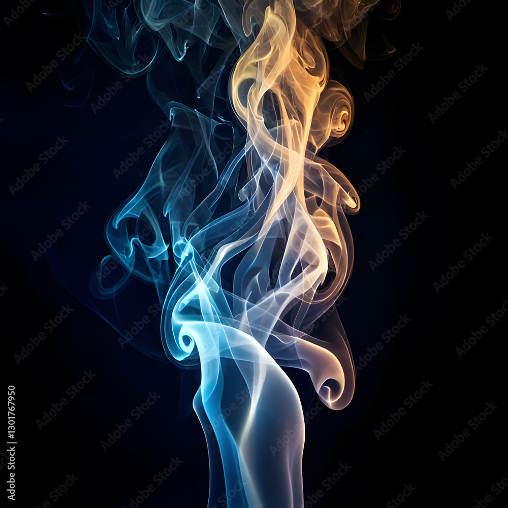Obraz premium Swirling tendrils of smoke rise against a dark background, illuminated with soft blue and golden hues