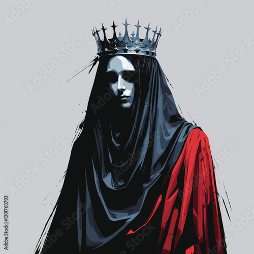 Monarch crowned and draped, portrait with regal crown and cloak against a gray backdrop