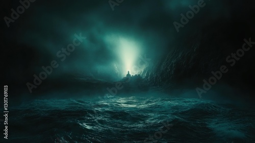 Stormy sea, lighthouse, dark mountains, fantasy, game background