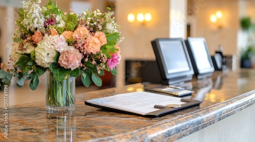 A stylish hotel check-in counter with a premium pen, guestbook, and key cards neatly arranged.