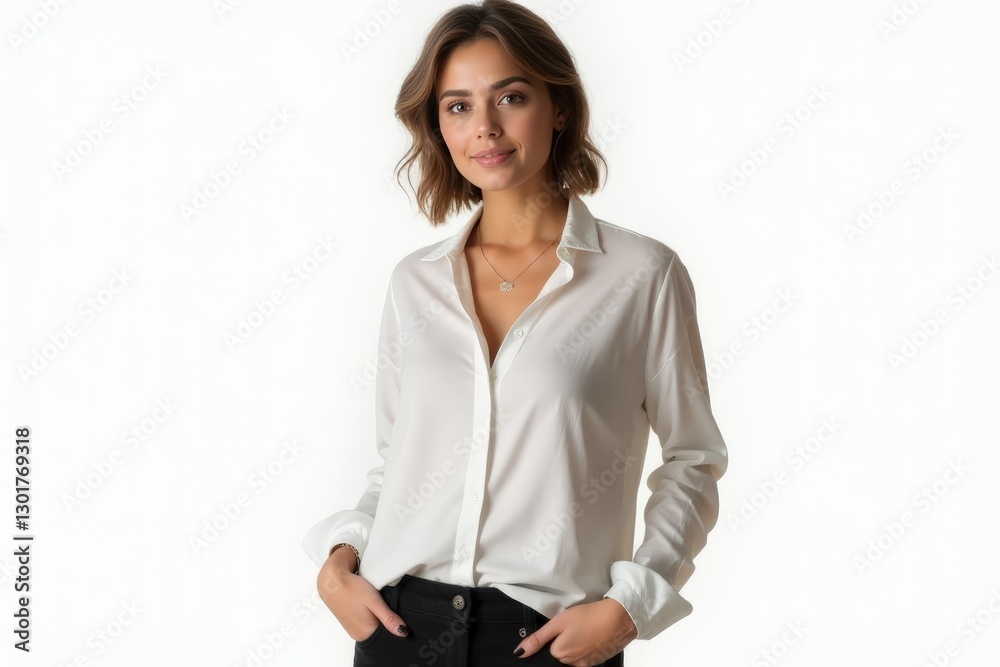 Half-Length (Waist-Up) portrait of young stylish smiling Cypriot female model in casual wear isolated on pure white background looking at camera Half-Length (Waist-Up) portrait of young stylish smiling Cypriot female model in casual wear isolated on pure white background looking at camera