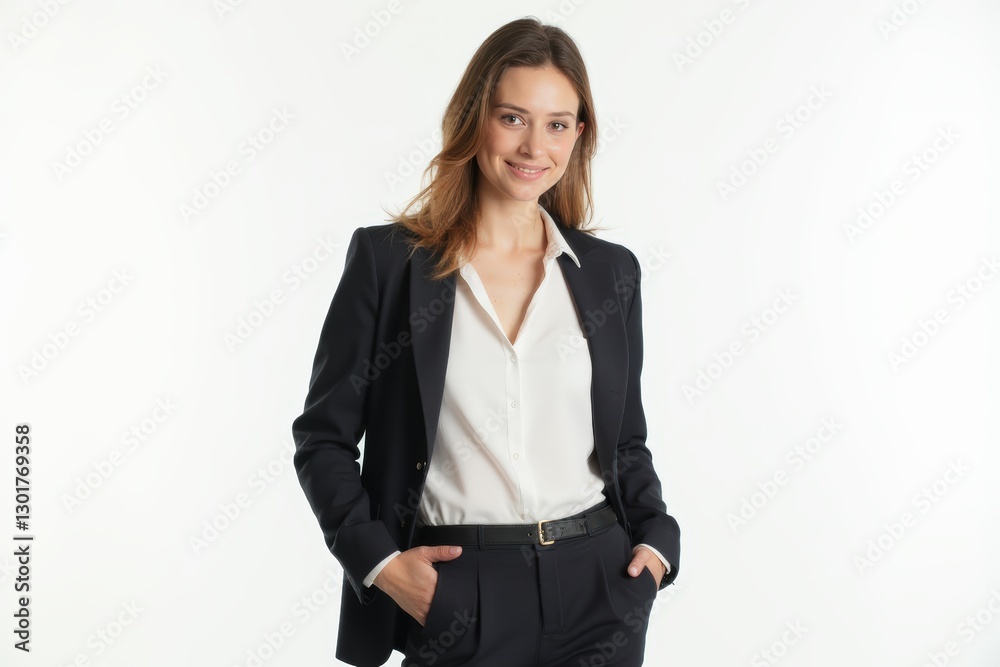 Half-Length (Waist-Up) portrait of young stylish smiling Cypriot female model in formal wear isolated on pure white background looking at camera Half-Length (Waist-Up) portrait of young stylish smiling Cypriot female model in formal wear isolated on pure white background looking at camera