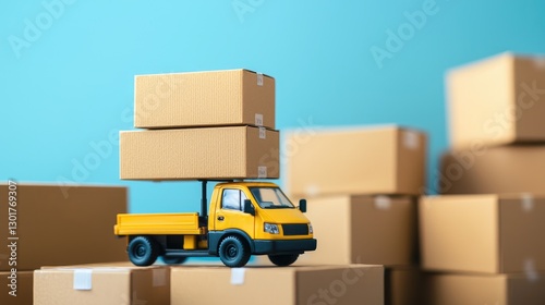 Toy truck carrying boxes, warehouse background, delivery concept, 3D model