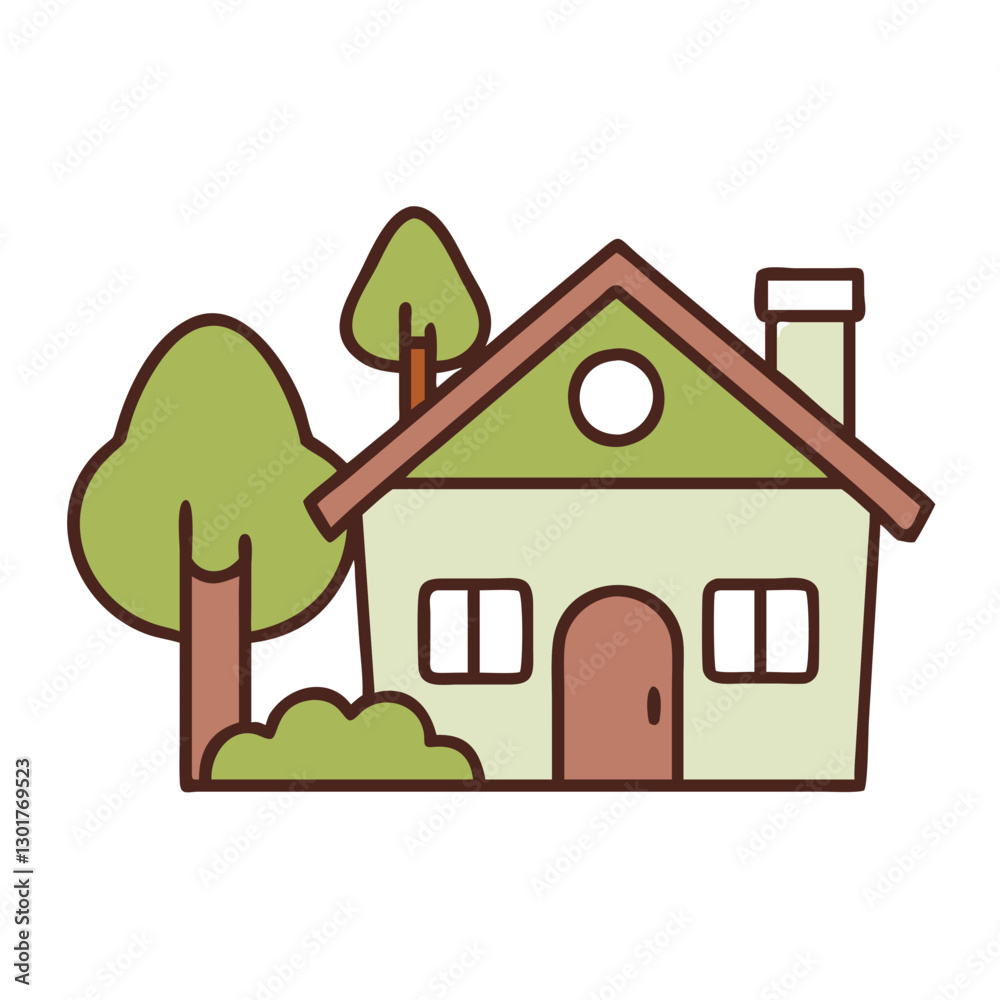 Illustration of a cozy green house with trees Illustration of a cozy green house with trees