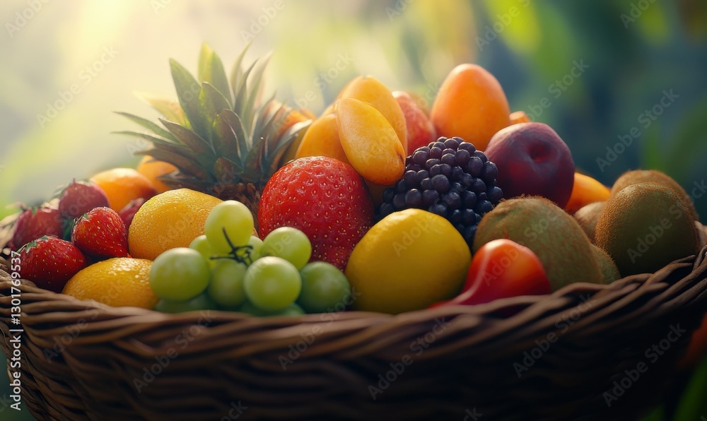 Close-up of assorted tropical fruits neatly arranged in a basket, soft natural light enhancing the vibrant hues, clean and appetizing, sharp and detailed Close-up of assorted tropical fruits neatly arranged in a basket, soft natural light enhancing the vibrant hues, clean and appetizing, sharp and detailed