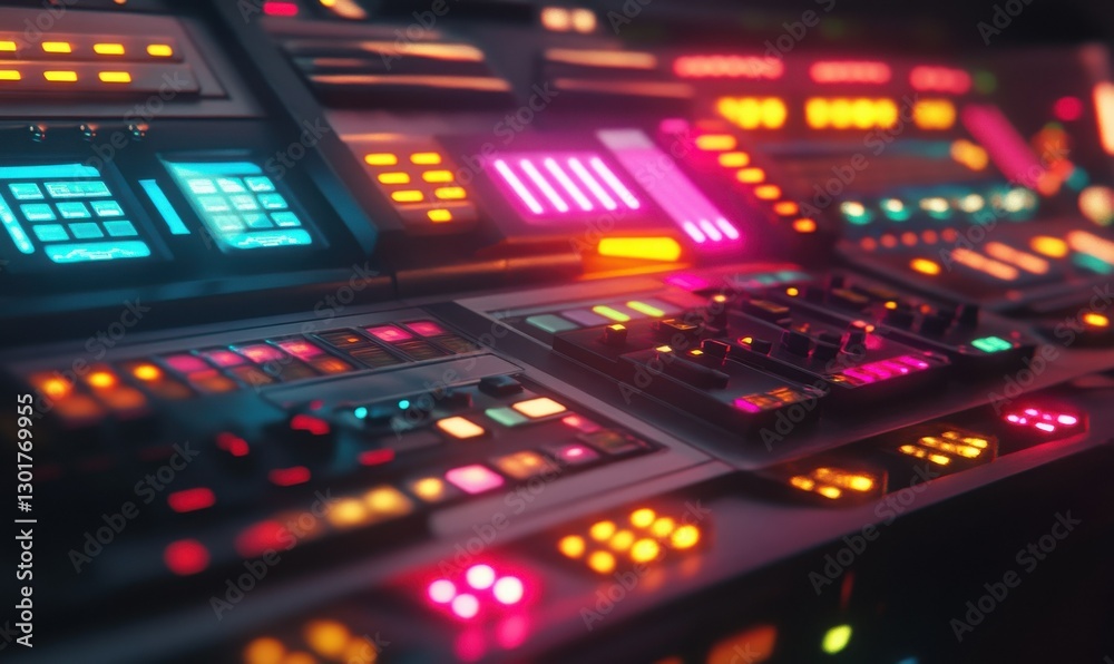 High-tech control panel glowing with multi-colored displays, set in a dimly lit environment for a futuristic ambiance. High-tech control panel glowing with multi-colored displays, set in a dimly lit environment for a futuristic ambiance.
