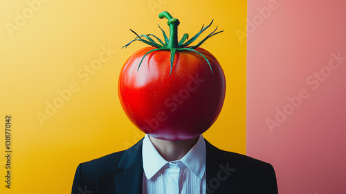Person with a Tomato for a Head in a Colorful Studio Setting