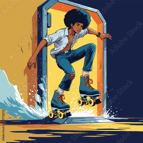Cartoon person roller skating from a door with splashes, yellow wall and dark background