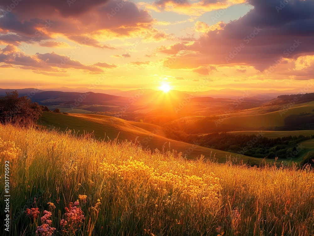 Fototapeta premium A panoramic landscape shot of rolling hills and a golden sunset, Nature photography, Majestic and warm