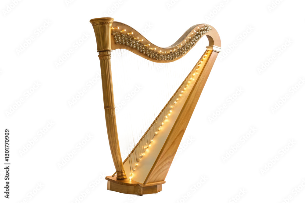Obraz premium Elegant wooden harp with illuminated strings for music events and performances