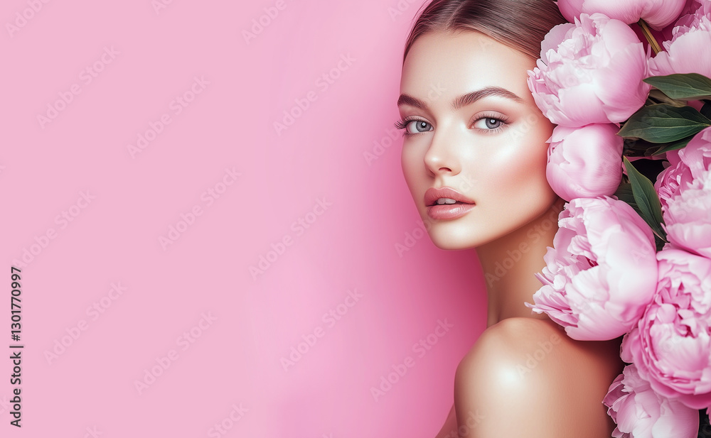 Fototapeta premium Beautiful young smiling woman with clean fresh skin on face . Girl facial treatment . Woman with pink peony flowers on a pink background. Cosmetology , beauty and spa . 