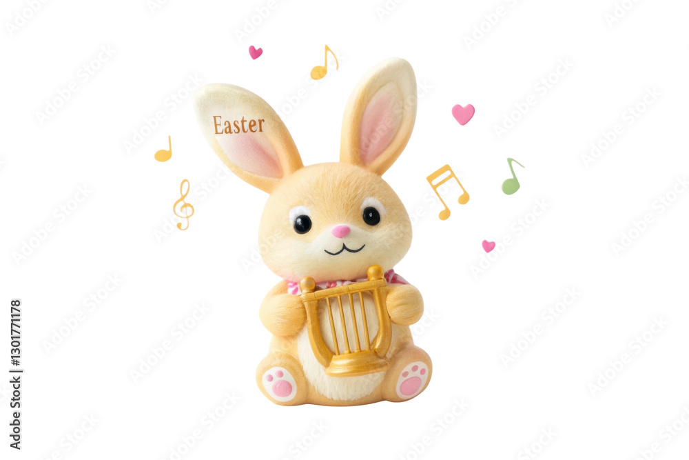 Cute Easter bunny playing a harp with musical notes and hearts for festive celebration and decoration ideas Cute Easter bunny playing a harp with musical notes and hearts for festive celebration and decoration ideas