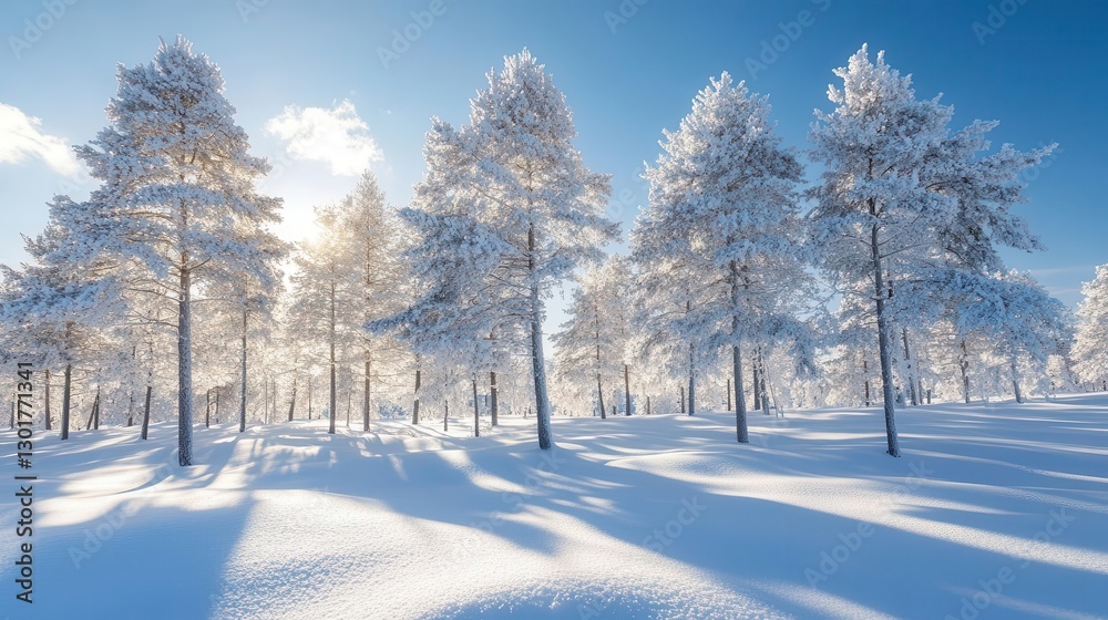 A snowy winter landscape with tall trees covered in fresh snow, Seasons, Calm and beautiful A snowy winter landscape with tall trees covered in fresh snow, Seasons, Calm and beautiful