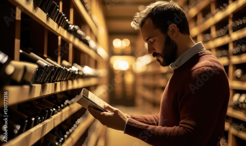 Man managing inventory in a luxurious wine cellar.