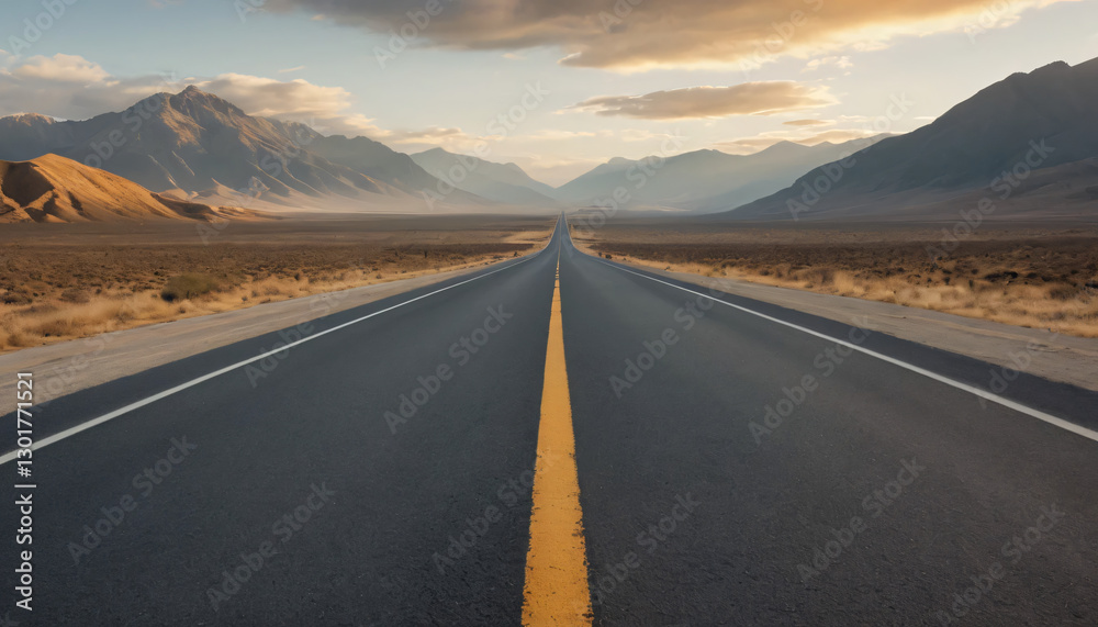 Naklejka premium wide-angle photo of an empty road with mountains in the distance, Asphalt road in a landscape, arafed road in the middle of a desert with mountains in the background generated ai