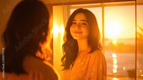 Woman Practicing Gratitude While Smiling at Herself in the Mirror