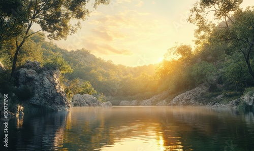 Scenic view of a peaceful lake surrounded by forested hills, soft golden light reflecting on the still water, creating a calming and meditative atmosphere,