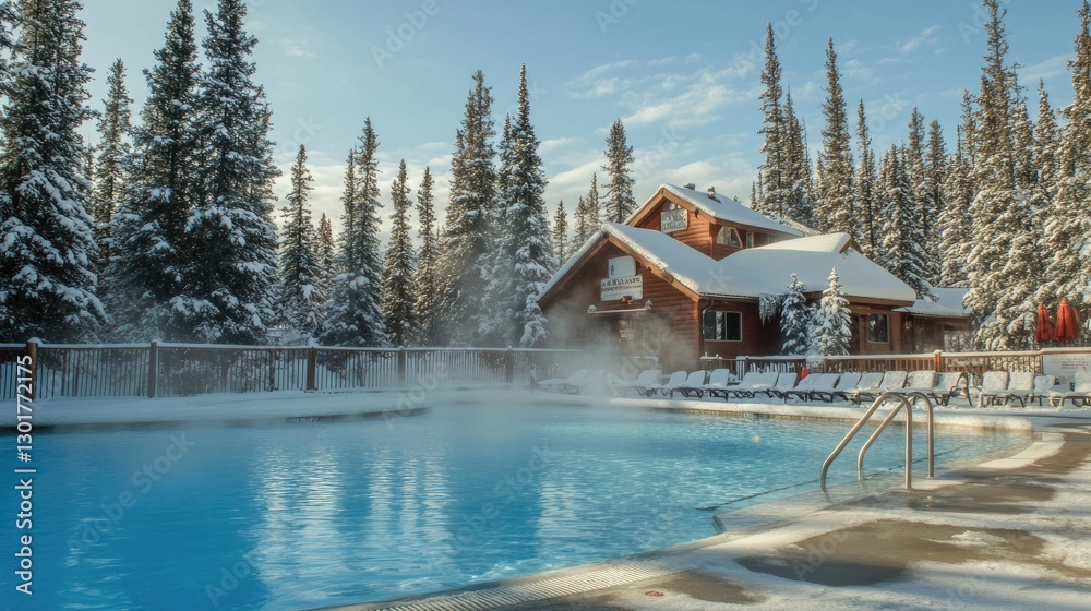 Fototapeta premium A winter resort's heated outdoor pool, surrounded by snow-covered pine trees and steaming water.