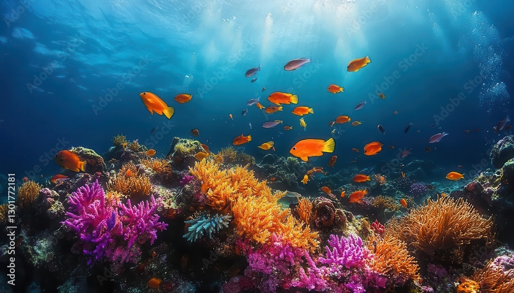 An underwater shot of a school of colorful fish swimming through coral reefs, Underwater photography, Bright and vibrant An underwater shot of a school of colorful fish swimming through coral reefs, Underwater photography, Bright and vibrant