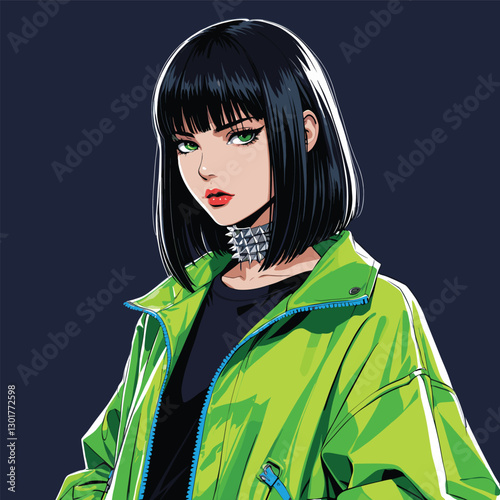Anime girl in green jacket poses with spiked choker, dark background