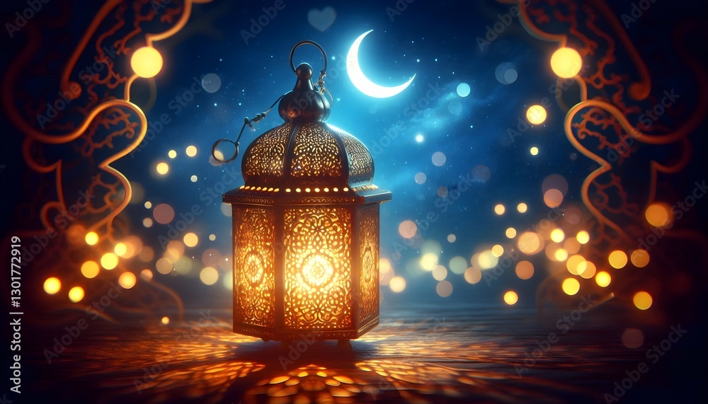 Islamic festive background featuring intricate Arabian lantern crescent moon and starry sky with warm lights Islamic festive background featuring intricate Arabian lantern crescent moon and starry sky with warm lights