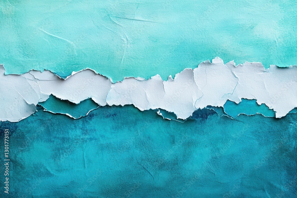 Obraz premium Torn paper texture with teal, white, and blue layers.