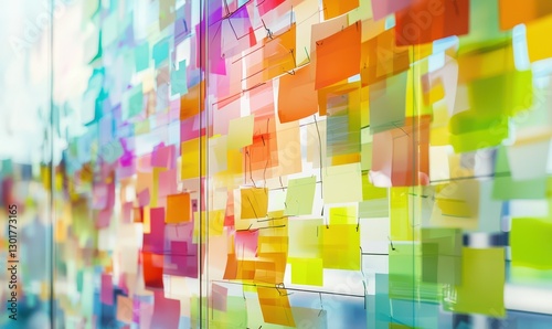 Vibrant sticky notes covering a glass office wall, brainstorming session in progress, colorful energy representing teamwork and innovation, soft focus adding depth