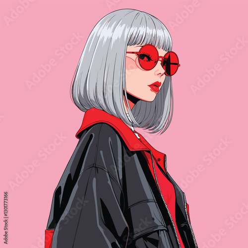 Stylish anime woman wearing red glasses and black jacket on pink background