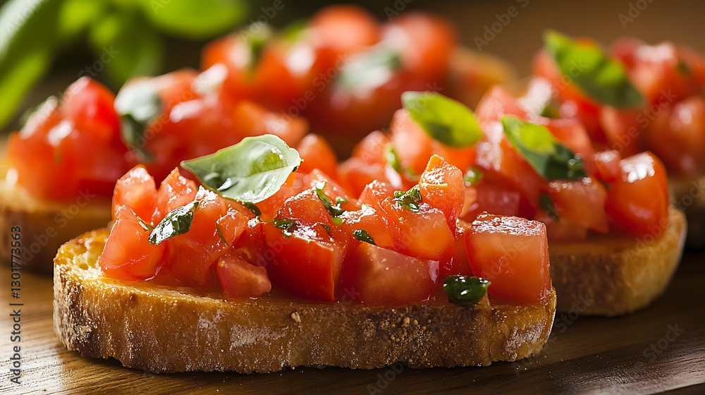 Delicious bruschetta with diced tomatoes and fresh basil on toasted bread