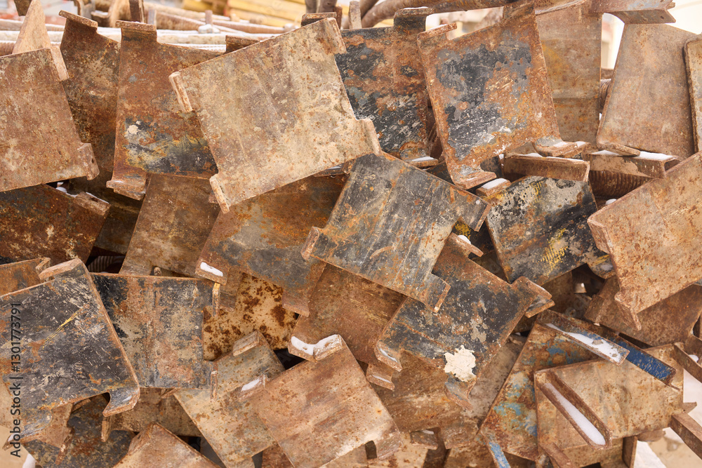Rusty metal blocks piled together create an appealing industrial aesthetic that captures attention