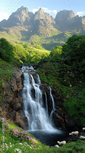 Stunning Waterfall Cascading Through Lush Green Hills with Majestic Mountain Range and Grazing Sheep in Serene Highland Landscape - Perfect Travel Destination