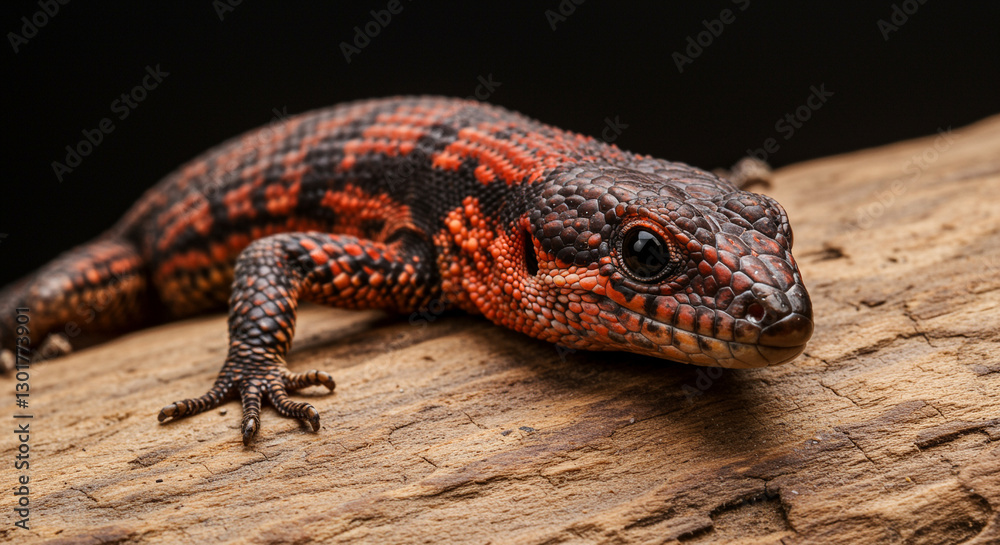 Vibrant red and black lizard resting on a wooden surface Vibrant red and black lizard resting on a wooden surface