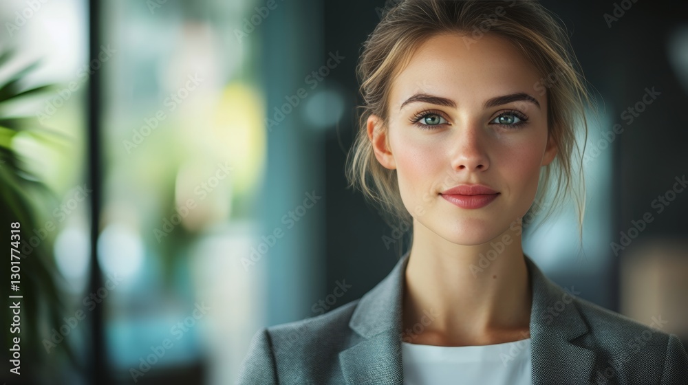 Fototapeta premium Confident young female entrepreneur in a black suit standing in a professional office setting with determination